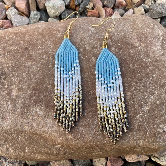 Sky Blue Beaded Earrings with Picasso Fringe, New, Handmade by Me - Picture 3 of 7